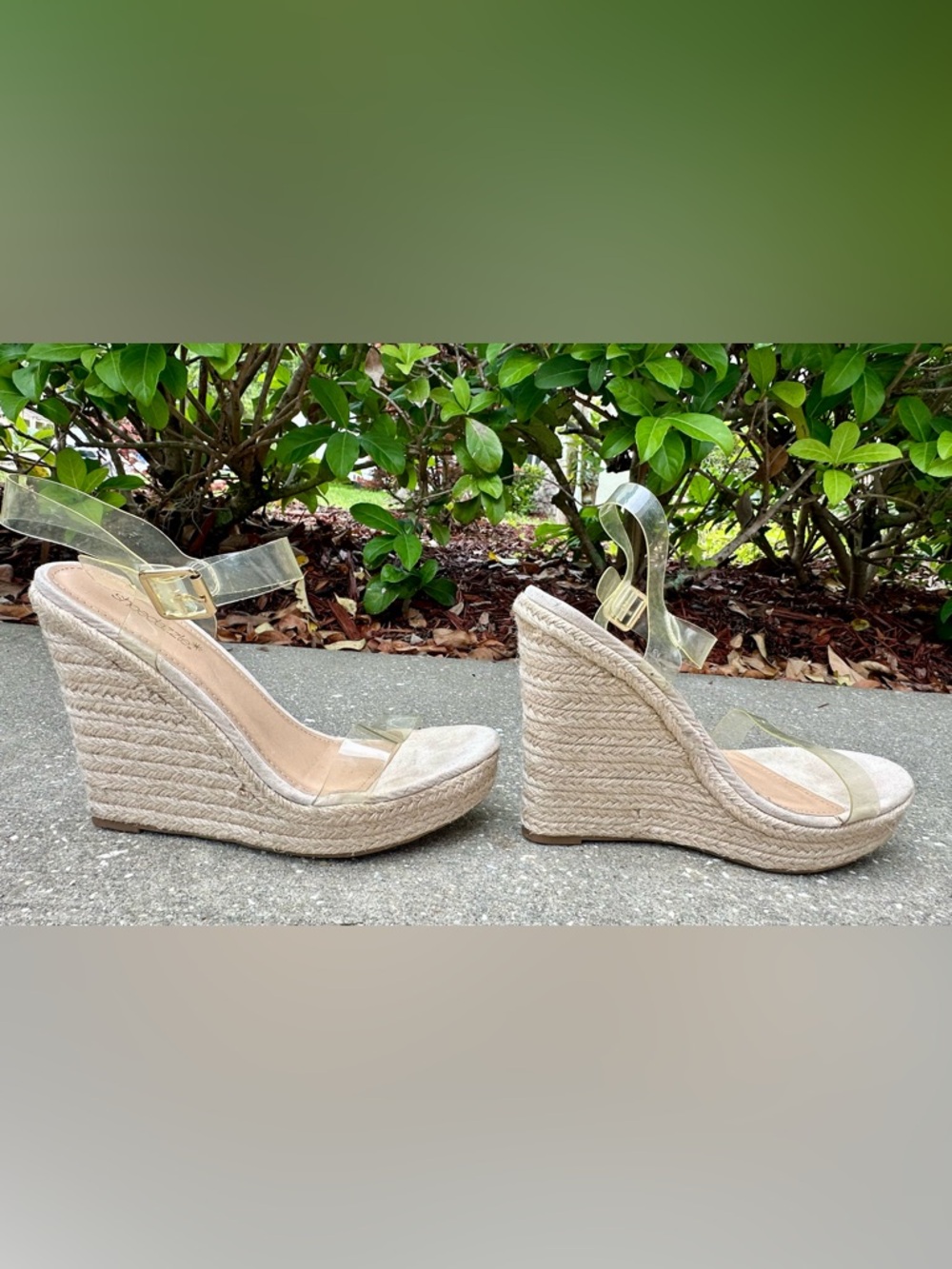 ShoeDazzle Women’s Wedge Sandals Size 9.5 Clear Strap Espadrille Platform